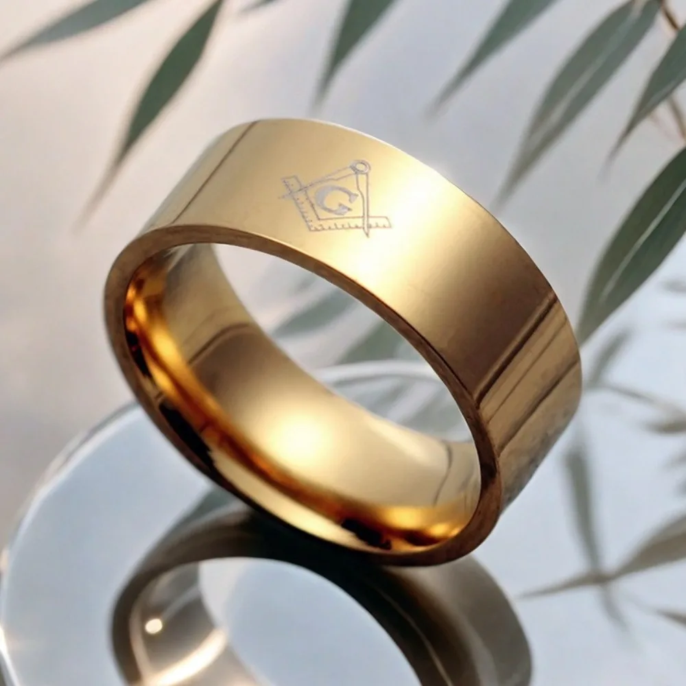 8MM Men's Freemasonry Matte Stainless Steel Rings Polished Hip Hop Punk Gold Color Steel Ring Unique Beveled Edge Ring Gift
