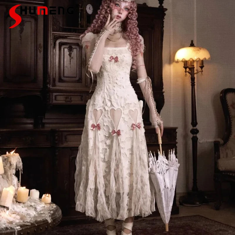 Beautiful Vestidos Cotton Love Bow Hollow Out Lace Strap Dress Summer New Unique Design Chic Elegant Suspender Dresses Ladies