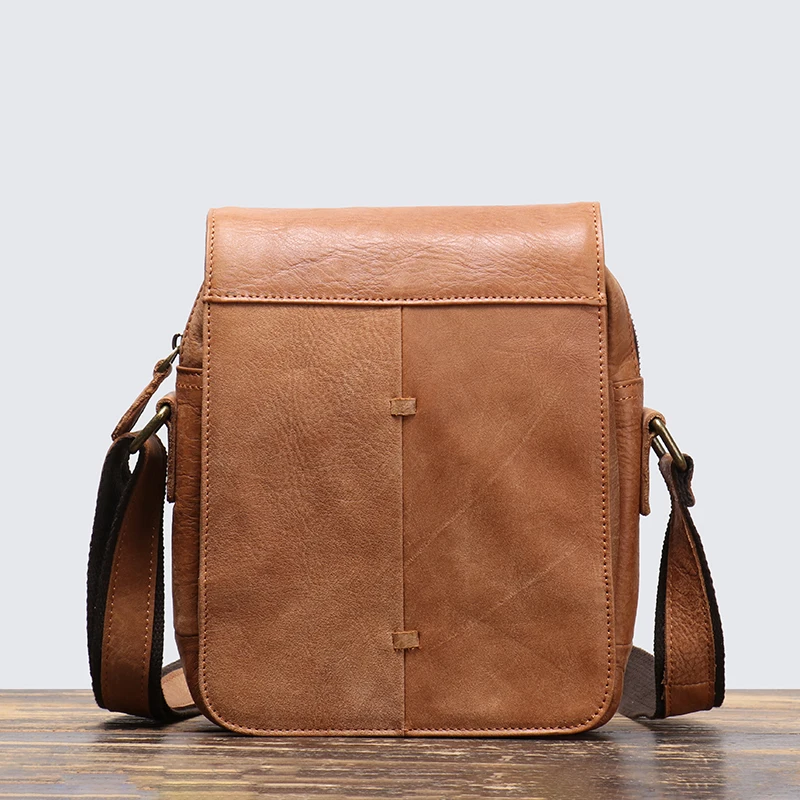 Men\'s Genuine Leather Shoulder Bag Fashion Men\'s Bag Flap Cowhide Bag Vintage Sling Bag 7.9 Inch Mini iPad Bag Leathfocus