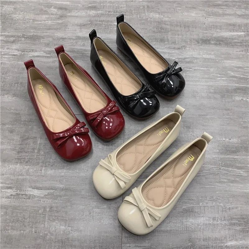 

Female Elegant Gentle French Flat Women Square Head Shoes 2024 Summer New Fashion Ladies Graceful Bow Shallow Mouth Black Pumps