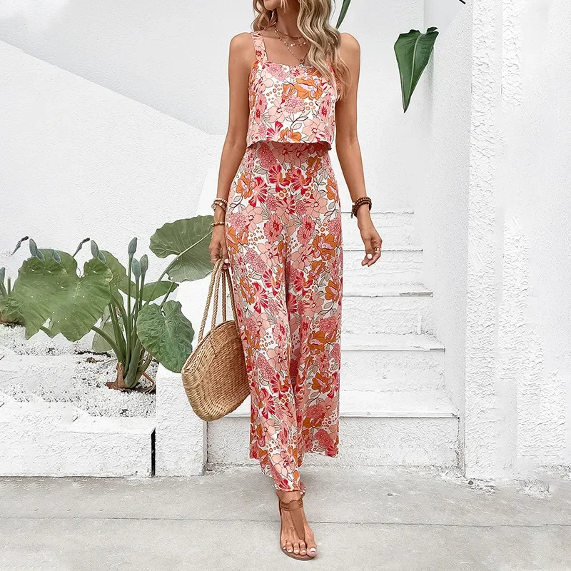 New Summer Beach Women\'s Printed Square Collar Camisole Trousers Holiday Women\'s Jumpsuit  Outfit Women