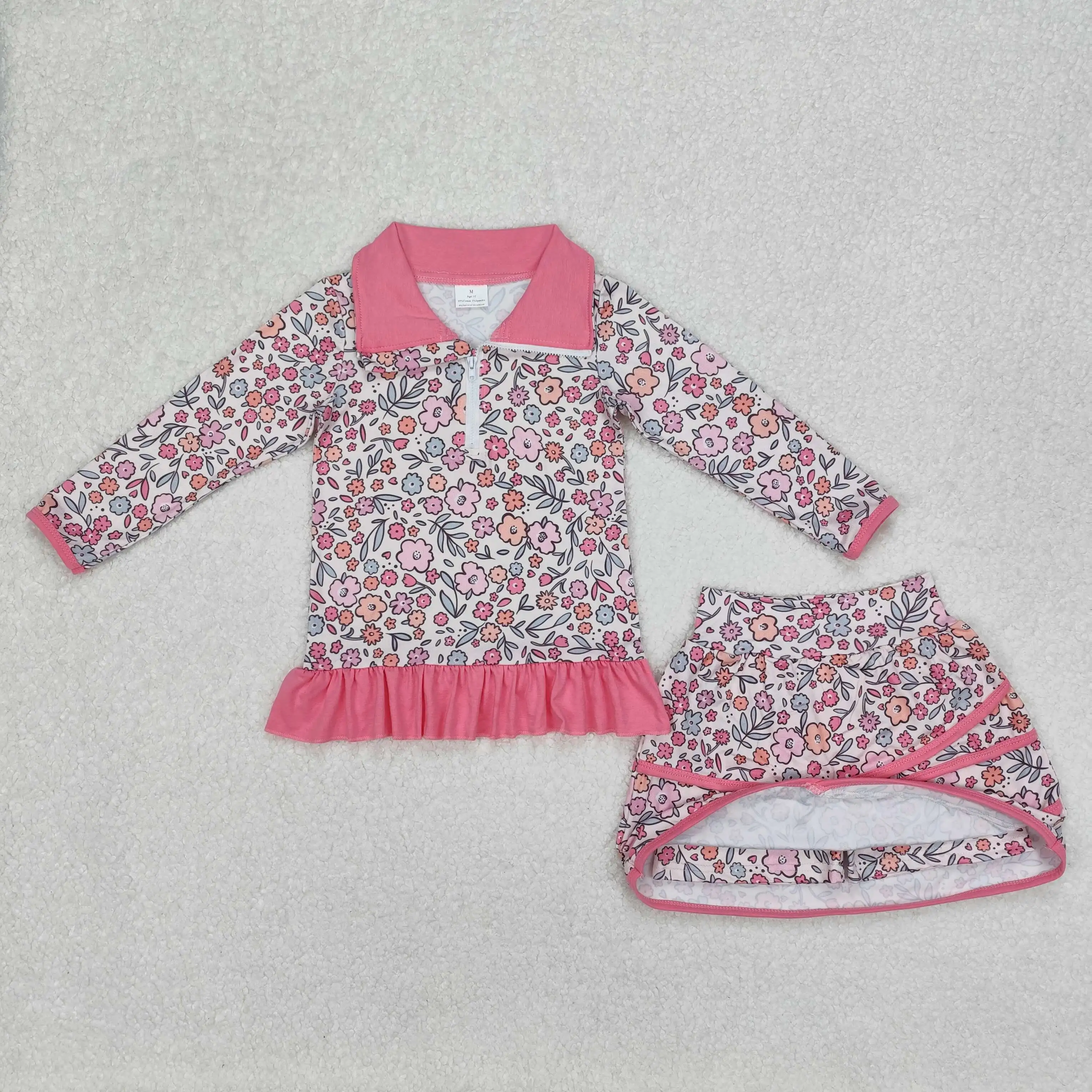 New Western Baby Girls Pink Flowers Zip Top Skirt Ruffle Skort Bottoms Sets Wholesale Boutique Kids Clothes  Skirt Suit