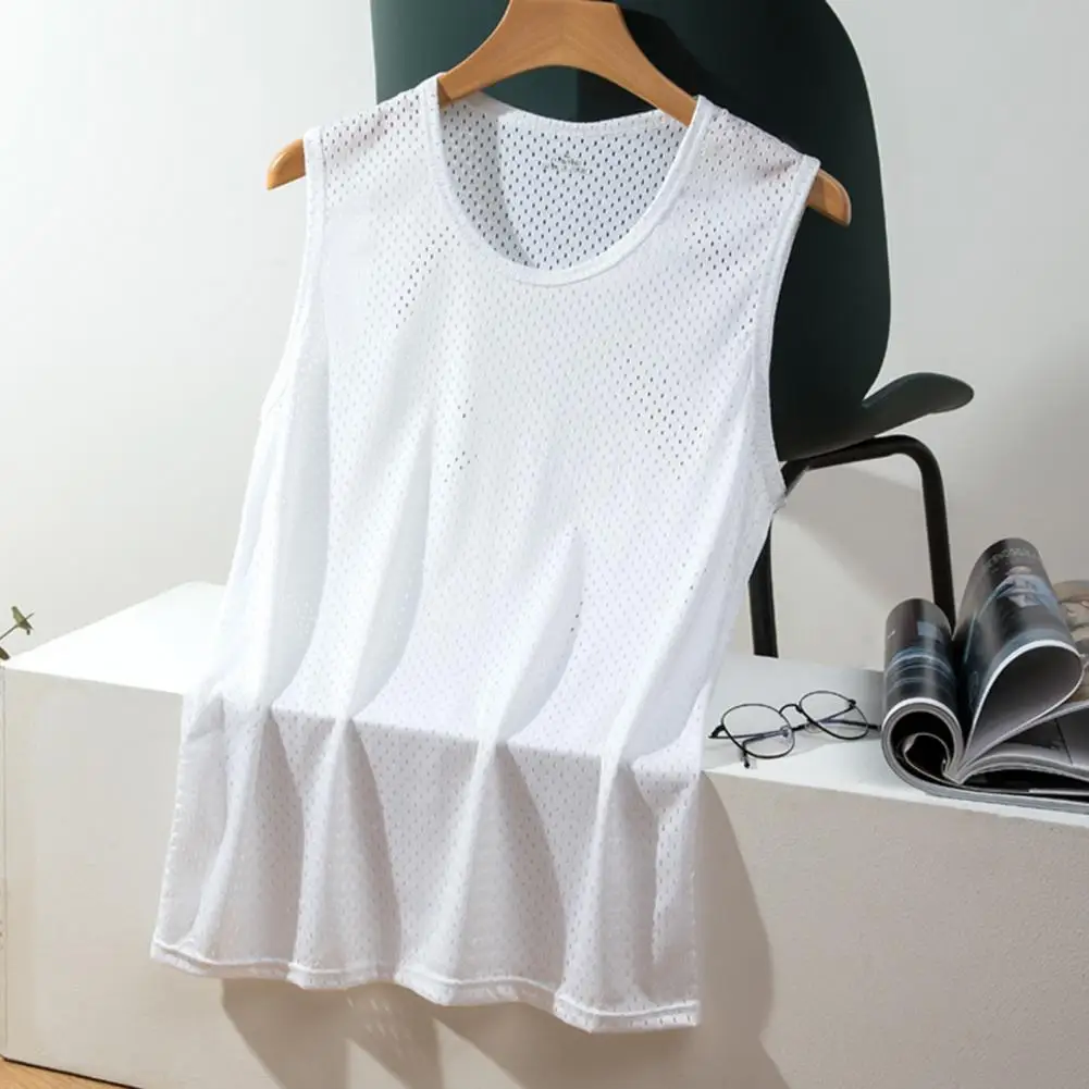 Men Sport Vest Hollow Out Solid Color Sleeveless Round Neck Small Holes Workout Sweat Absorption Plus Size Gym Men TankTop