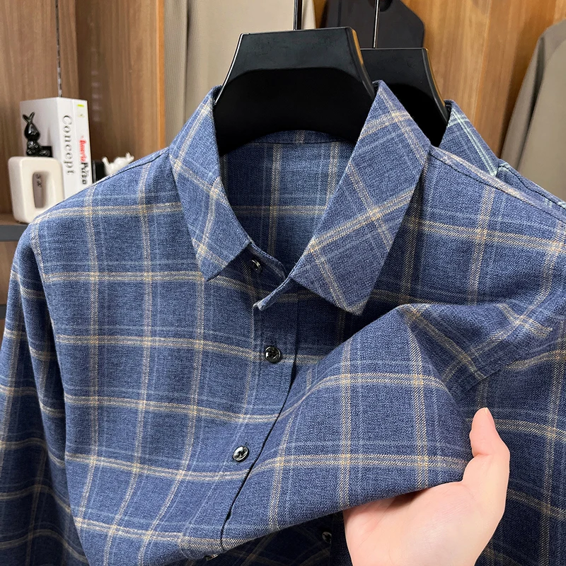 

Luxurious High-Quality Cotton Men's Long-Sleeved Shirt Collar Check Relaxed Best-Selling Anti-Wrinkle Iron-Free Men's Clothing