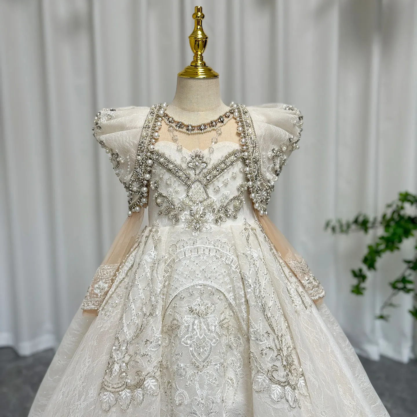 Jill Wish Luxury White Girl Dress Beaded Pearls Dubai Kids Princess Birthday Wedding Party First Communion Long Gown 2024 J049