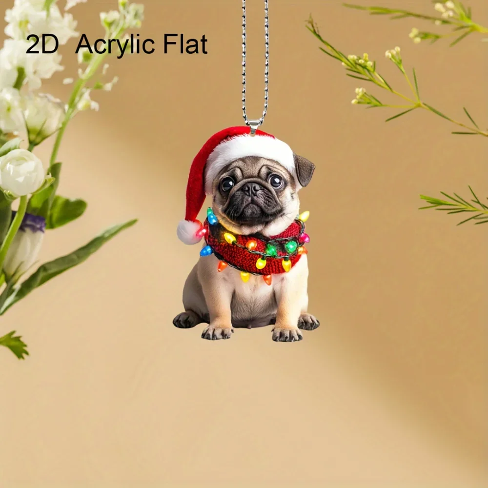 Charming Pug Christmas Pendant Keychain,Cartoon Puppy 2D Acrylic Versatile Charm,for Car Mirror,Backpack,Festive,Home,Gift&Decor