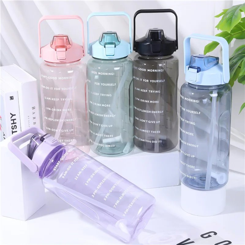 LUSQI 1PC Large Capacity 2000ML Water Bottle Leak-Proof With Straw&Handle With Time Marker For Outdoor Sports Fitness