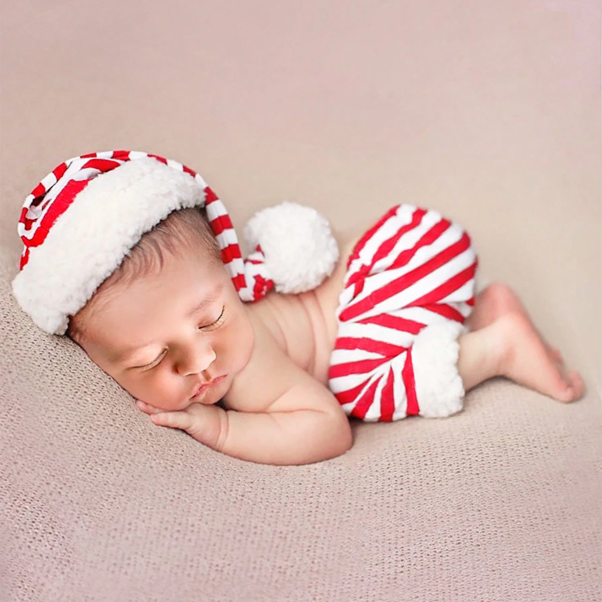 Ylsteed Newborn Christmas Outfit for Pictures Studio Photoshoot Props Striped Pompom Hat and Pants Set Baby Boy Picture Prop