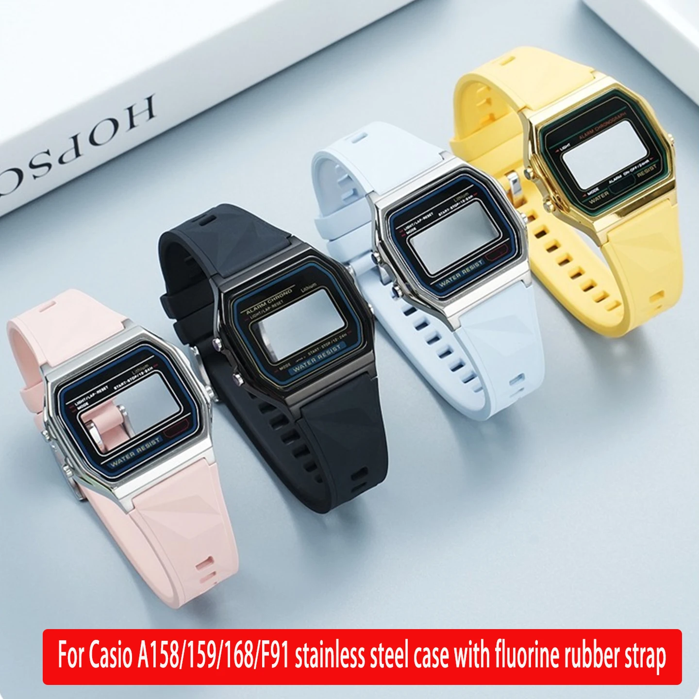 For Casio small square model A158/159/168/F91 is equipped with a stainless steel case and a fluorine rubber strap.