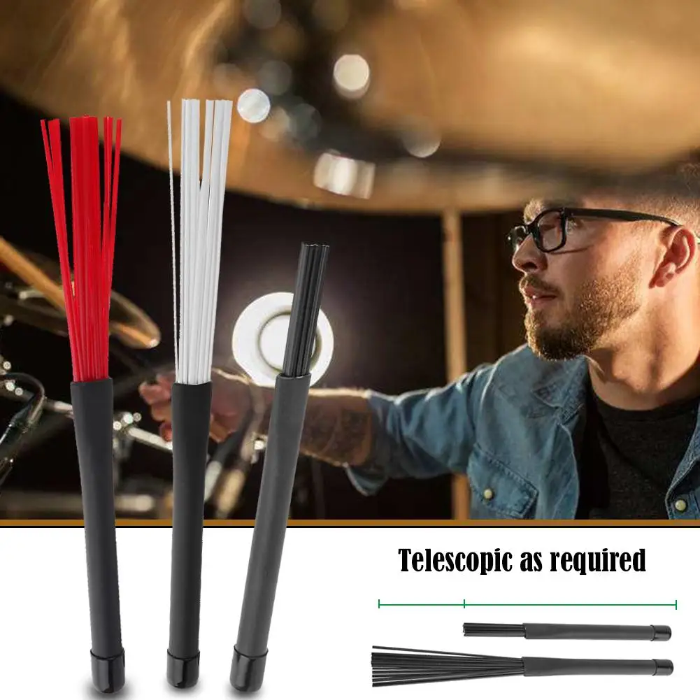 2pcs Drum Instrument Brush Nylon Bristle Retractable Beating Drums Mallets Rubber Handle Cleaning Tool Percussion Accessories