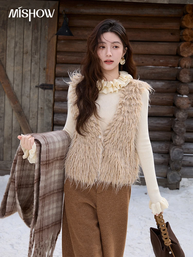 

MISHOW женский вязаный жилет из искусственного меха 2025, зимняя смесь шерсти, мягкий жилет без рукавов, свободные теплые однотонные повседневные пальто с v-образным вырезом MXE86W0930