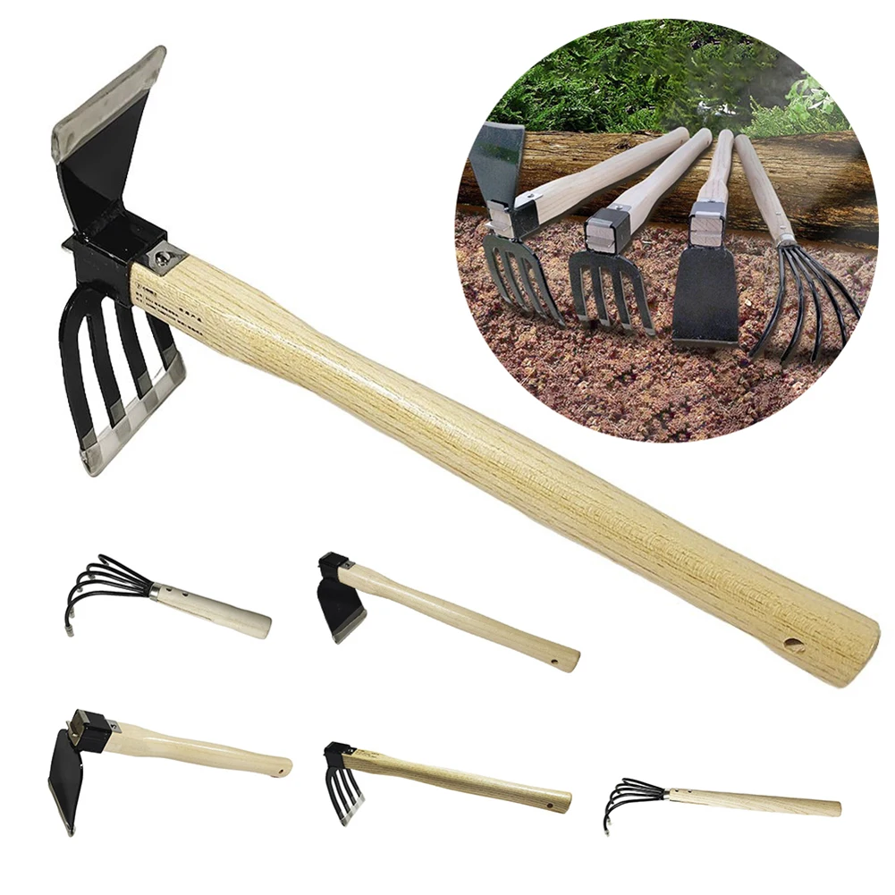 Hand Cultivator with Wooden Handle Garden Hand Rake Tool Garden Hand Hoe & Tiller for Digging Weeding Gardening and Cultivating