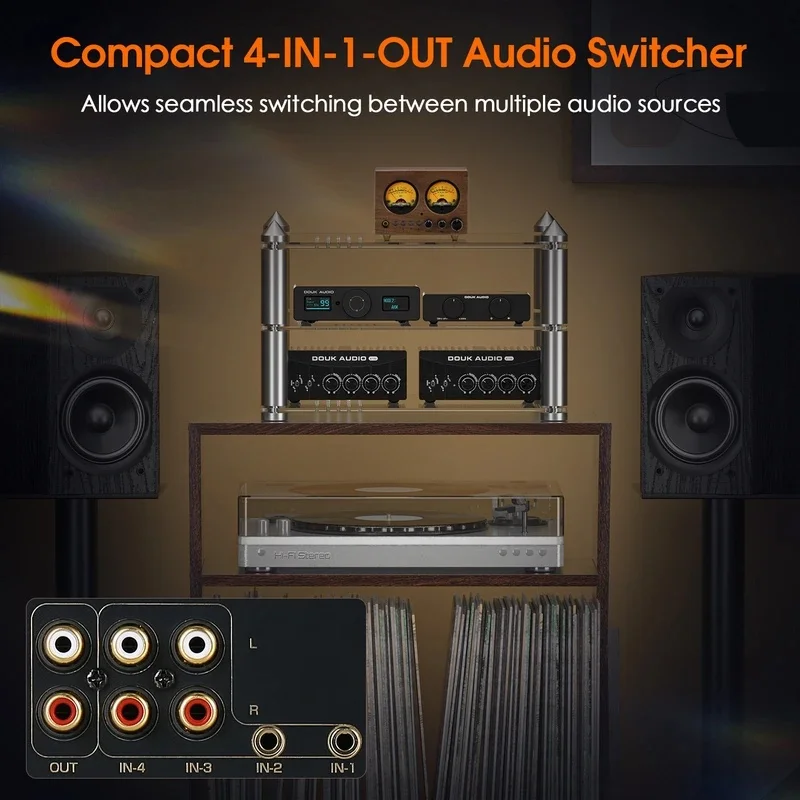 VU1-W 4-IN-1-OUT Audio Selector 4-way Stere Switcher Home Preamp VU Meter with Remote Control