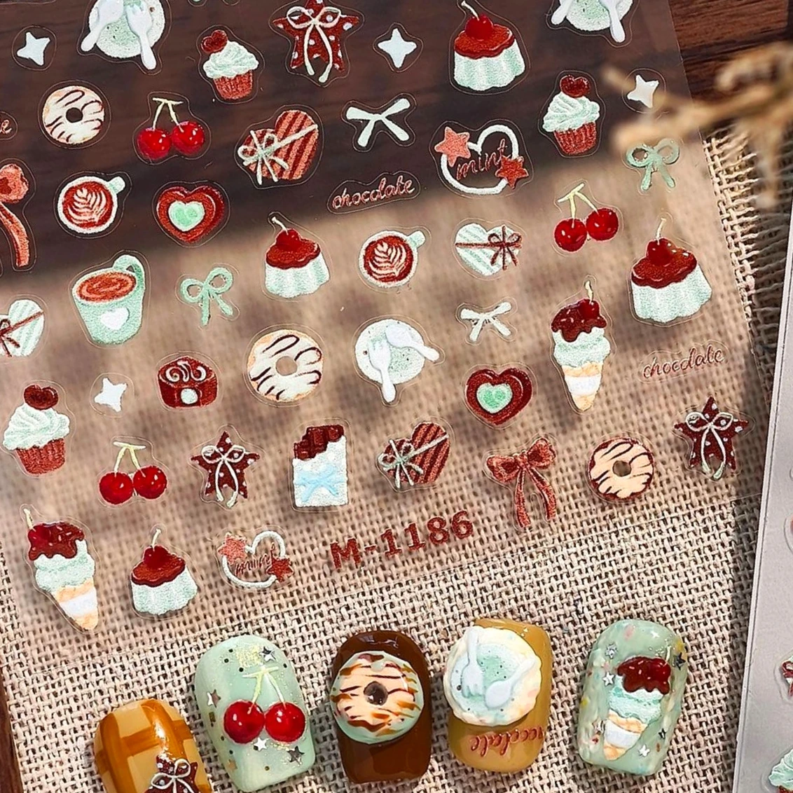 

Chocolate Cake Cherry Food Pudding Ice Cream Donuts Doughnut Latte Art Bowknot Self Adhesive Nail Art Stickers Manicure Decals