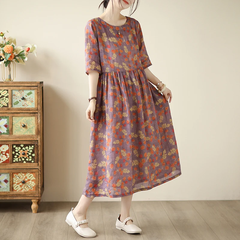 Ele Cotton Linen Midi Dr Summer Thin Floral Print Women's High Waist ort Sve Commute Sle Polyester Fiber