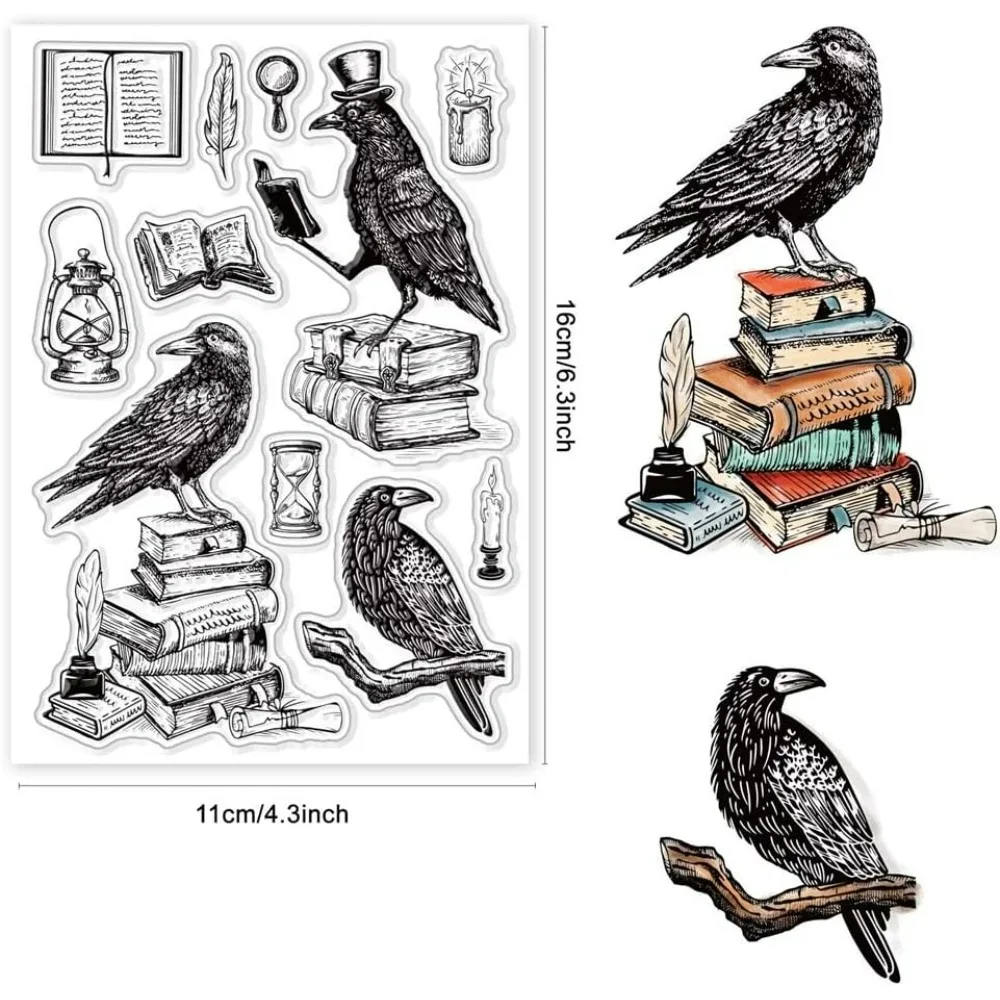 Book Clear Stamps Crow Transparent Silicone Stamp Back to School Clear Stamp for Card Making Journal Diary Decoration