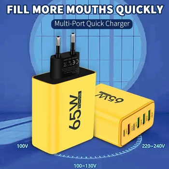 65W 6 in 1 4 USB 2 PD tipi C hızlı şarj hızlı duvar şarj iPhone Samsung Xiaomi Huawei Oppo cep telefonu şarj adaptörü