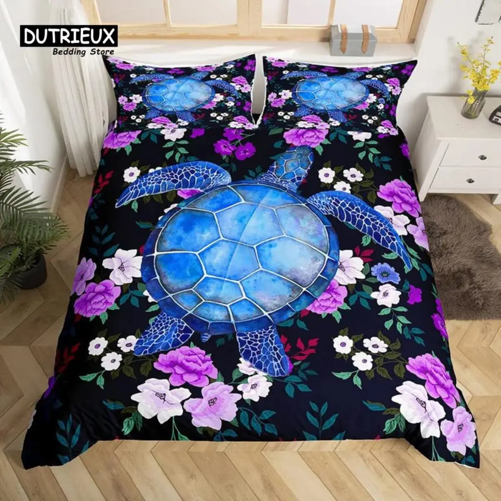 

Sea Turtle Duvet Cover Flowers Single King Bedding Set Ocean Sea Animal Comforter Cover Underwater Tortoise Sealife Quilt Cover