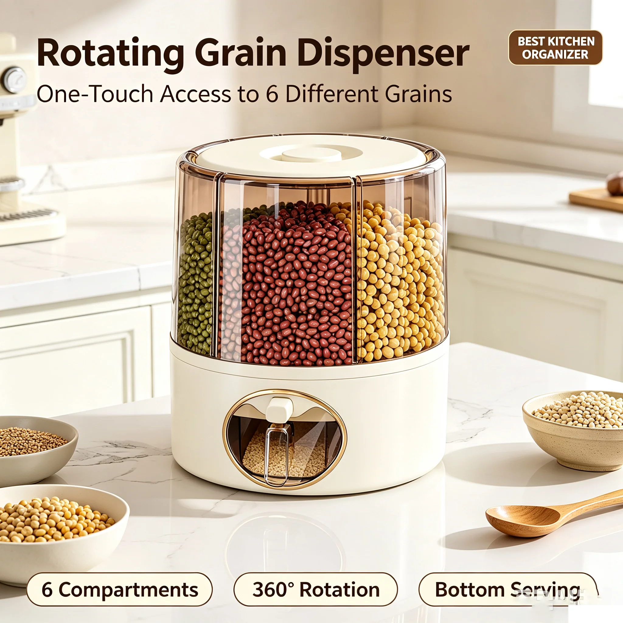 Multi-function Rotating Grain Container 6 Grid Transparent Visual, One-Touch Grain Output
