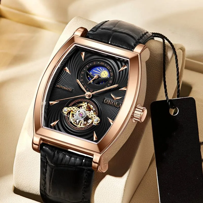 The Tonneau Automatic Mechanical Men Sun&Moon&Stars Dial Watches Leather Band Fashion Casual Mechanical Watch Relogio Masculino