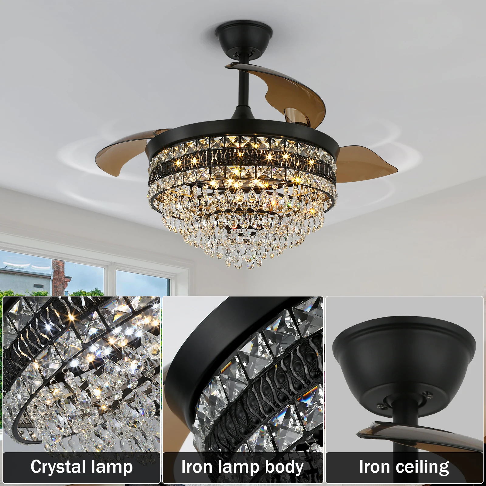 Modern Smart Ceiling Fan Chandelier Gold RC Adjustable 6 Speed Pendant Light Luminaire Bedroom 3 Heads Led Fandelier Lamp Indoor