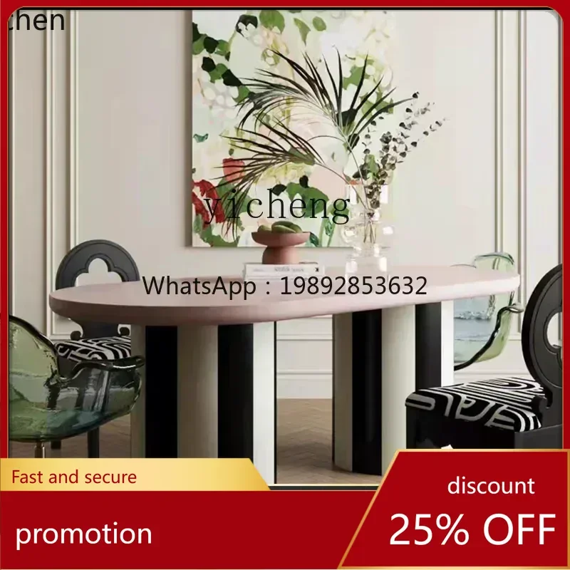 

HT Dining Table Simple Modern Mid-Ancient Retro Pink Art Ellipse Dining Table Arc Solid Wood Dining Table