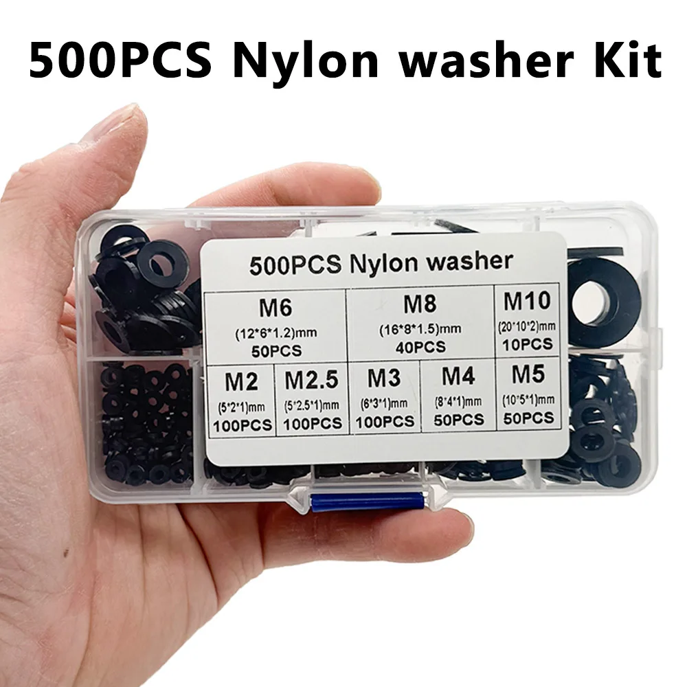 500pcs/1 Set Nylon Washer Flat Assortment Set with 8-size Safety Plates M2 M2.5 M3 M4 M5 M6 M8 M10 Nylon Sealing Washers