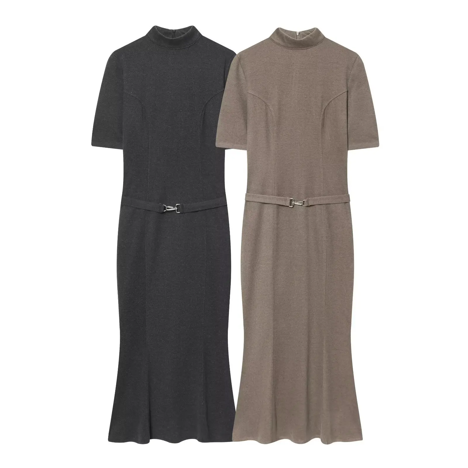 Women's Short-Sleeve Straight Maxi Dress Autumn Winter Premium Soft Fabric Belt Skirt Fashionable Slim-Fit High-Neck Petticoat