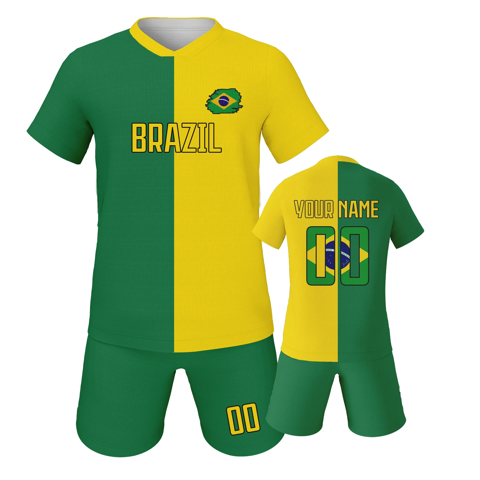 Custom Brazil Soccer Kit for Kids Personalized Youth Football Uniform with Name ＆ Number Team Soccer Lover Gifts for 3-14Y Fan