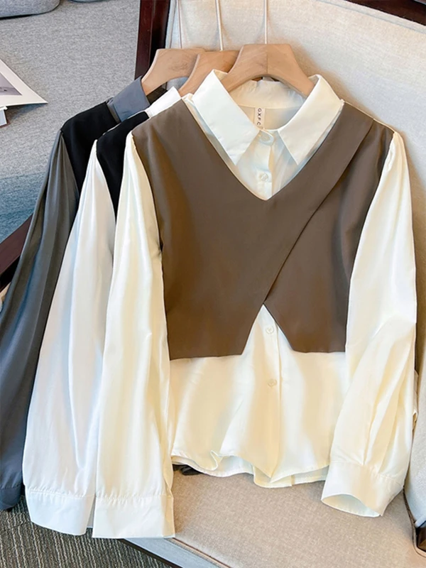 

Женский топ в стиле casual, однотонный, с длинным рукавом, осенний, новый, простой, элегантный, с эффектом двухслойности