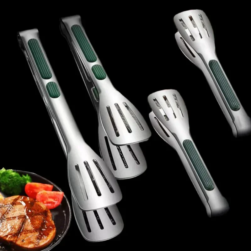 

304 Stainless Steel Food Clip BBQ Grill Tongs Steak Food Clip Silicone Non-slip Handle Bread Tong Camping Kitchen Accessories