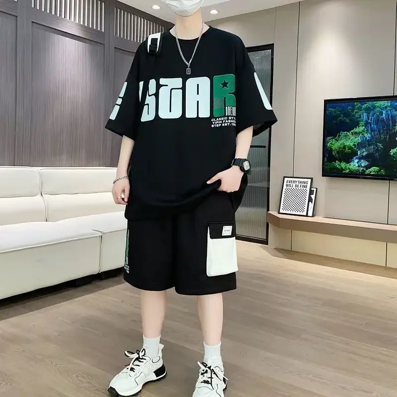Conjunto Deportivo de Dos Piezas para Hombre, Talla Grande, con Estampado de Letras, Camiseta de Manga Corta y Pantalones Cortos con Cordón, Estilo Casual, Tallas S a 5XL