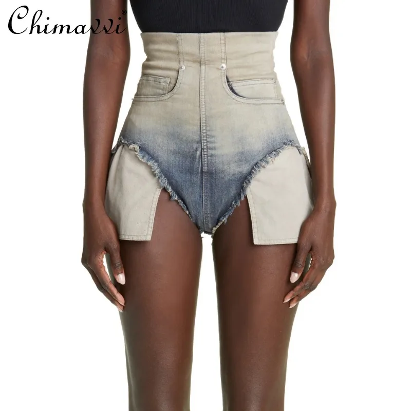 2025 European and American Retro Fashion Hot Summer Gradual Change Color Rough Edge Denim Sexy Shorts For Women