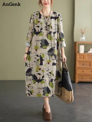 Cotton Linen Vintage Floral Print Dresses For Women Spring Autumn 2026 Long Sleeve Fashion Dress Elegant Vestidos Robe Femme