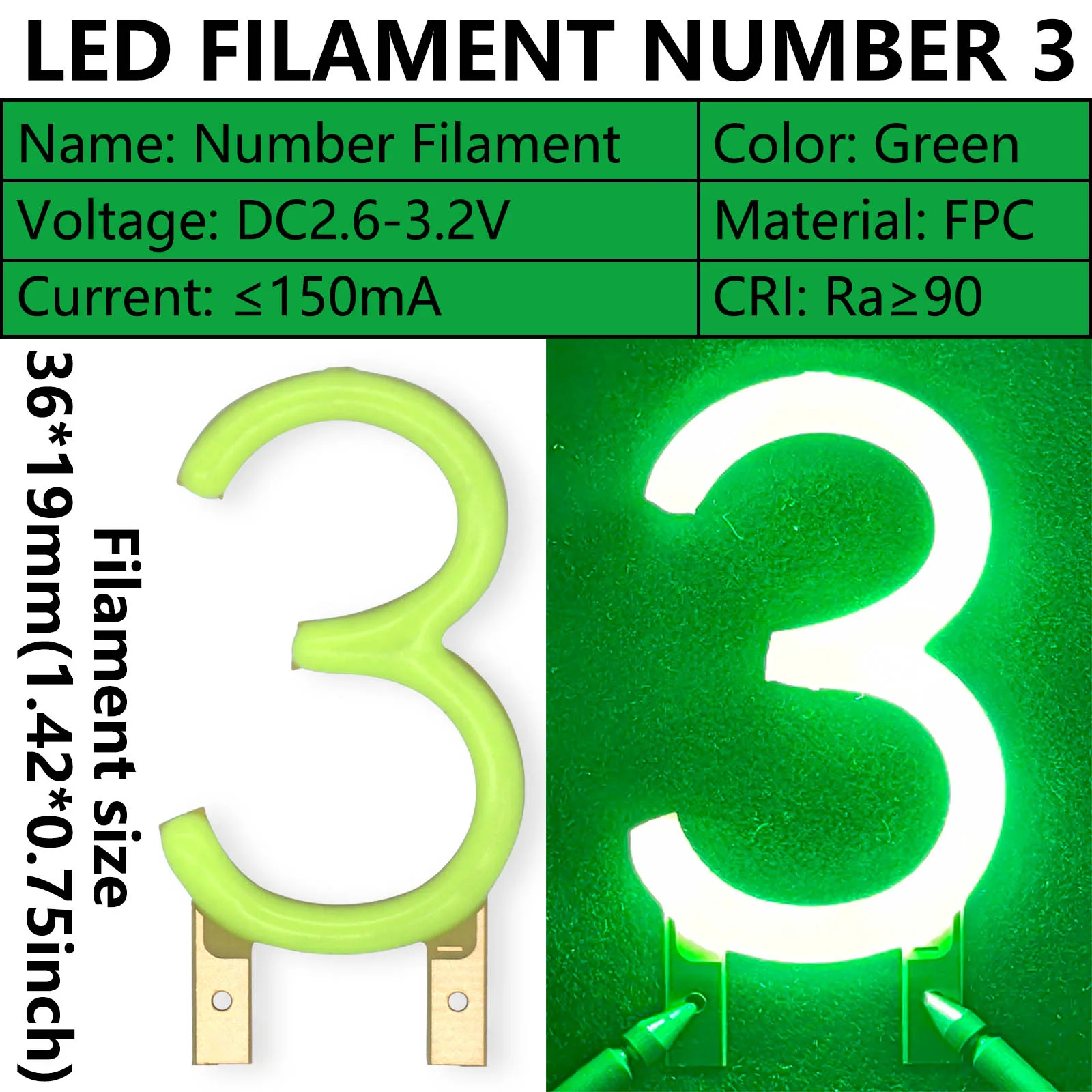 Numer 1 2 3 4 5 6 7 8 9 LED COB Filament DC3V Ra90 zielony diody LED DIY na Boże Narodzenie wystrój domu akcesoria oświetlenie świąteczne