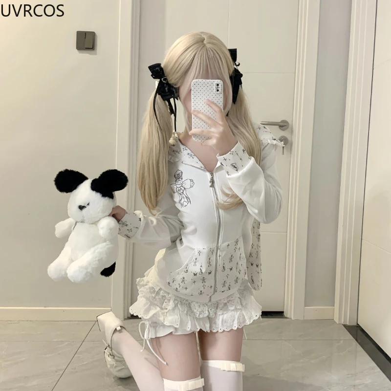 Y2k Aesthetic Lolita Style 2 Piece Set Women Kawaii Print Bunny Ear Hooded Sweatshirt Jacket Ruffle Mini Skirt Gothic Skirt Suit