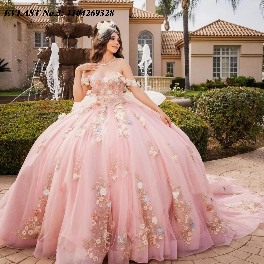 

EVLAST Customized Pink Quinceanera Dress Ball Gown 3D Floral Applique Crystal Beaded Bow Sweet 16 Vestidos De 15 Anos E3Q50