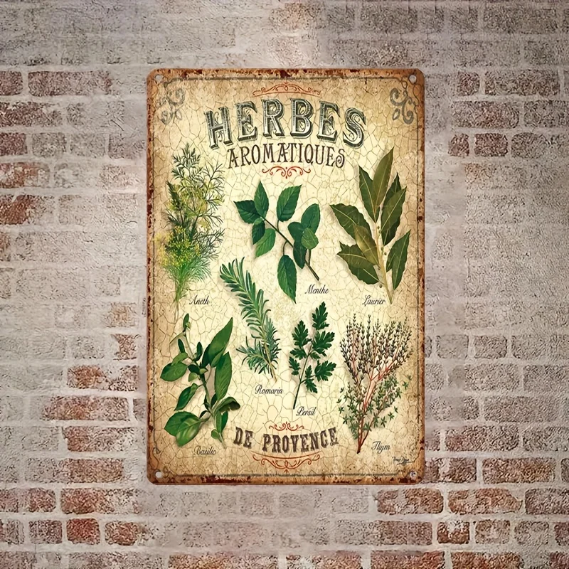 French Provence Herbs & Aromatics Metal Wall Decor - Vertical Kitchen Cabinet Sign with Thyme, Rosemary, Lavender, Bay Leaf - R