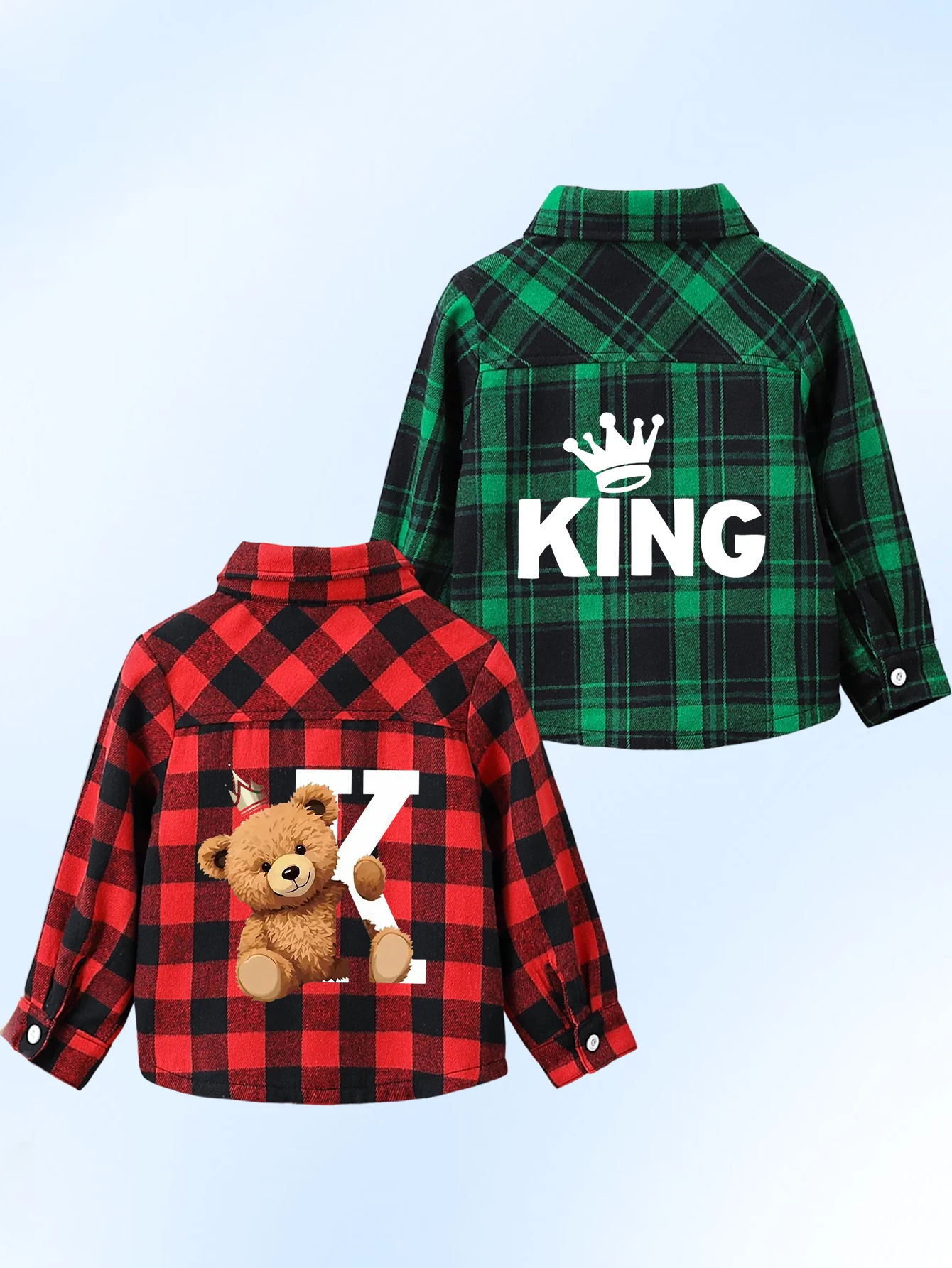 2Pcs Fall Winter Toddler Boy Plaid Button Down Shirt,Cartoon Bear Print Long Sleeve Blouse,Fashion Casual Jacket For 1‑5Y Boys,