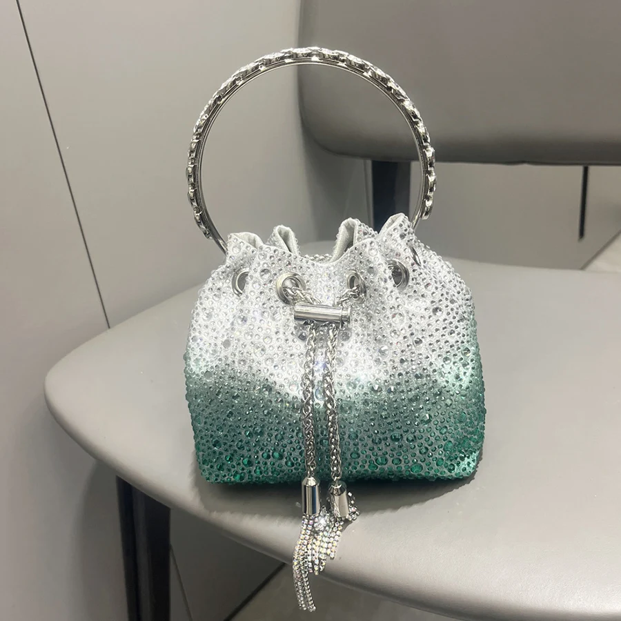 

New Tassel Women's Shoulder Bags Metal Ring Diamond Bucket Bag Shiny Drawstring Handbag Green Evening Tote Chain Crossbody Bags