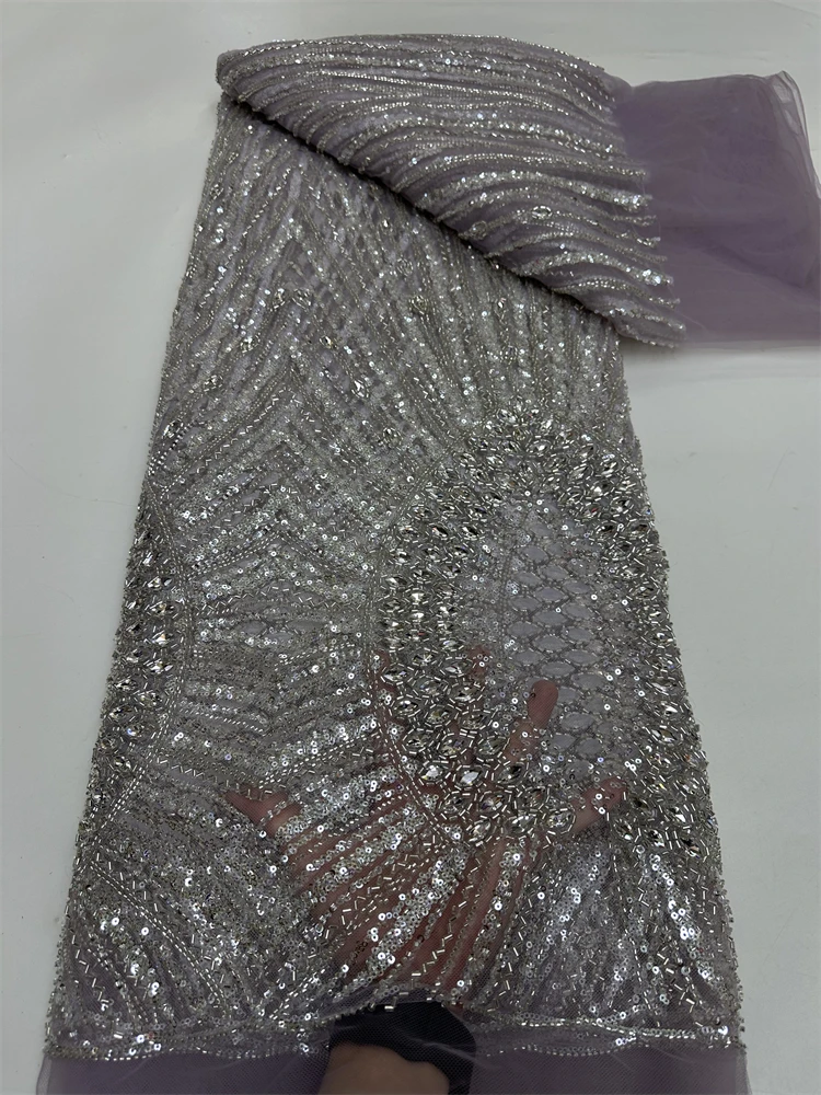 

Luxury African Tulle Mesh Lace Fabric High Quality Nigerian Sequins Beaded Embroidery Lace For Wedding Party Dress Sewing 5Yards