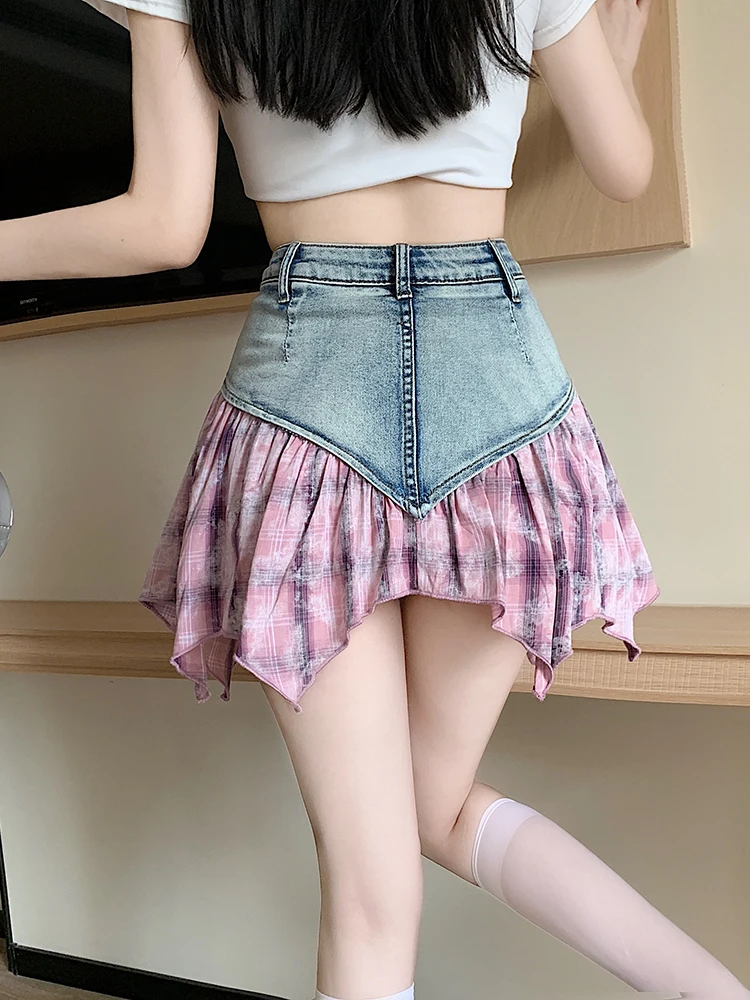 Vintage Plaid Patchwork Short Denim Skirt Summer 2024 High Waist Y2k Streetwear Irregular Sweet Mini Jeans Skirt Girls