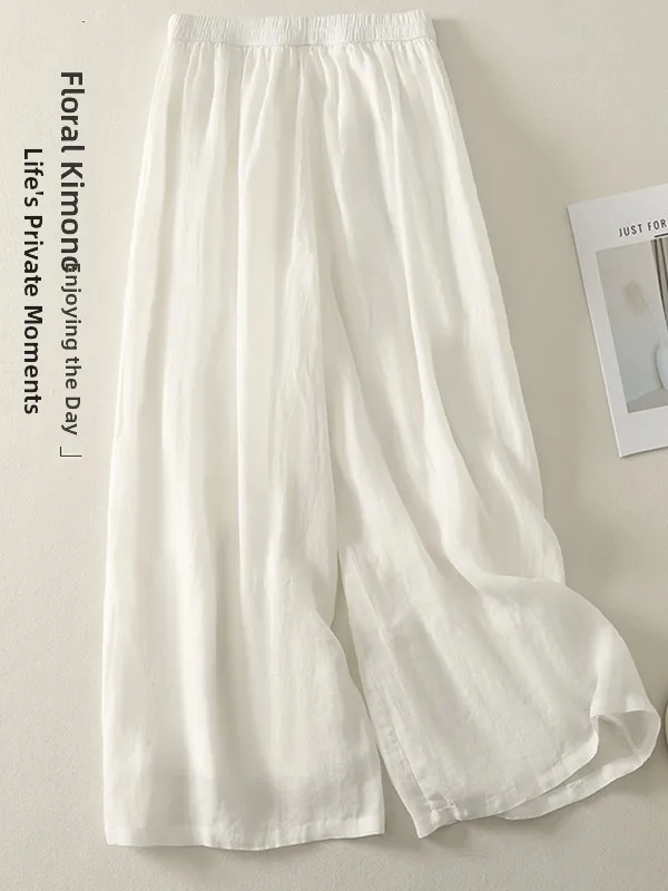 Pantalones de pierna ancha de doble capa falda mujer verano 2025 artístico Retro suelto drapeado ligero corte recto pantalones casuales de lino