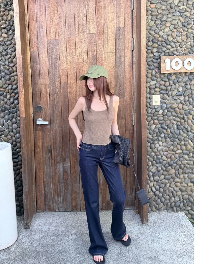 High Waist Wide Leg Jeans Women's Retro Deep Blue Elastic Non-Matching Leg Bell Bottoms Cotton Stretch Denim Summer Ladies