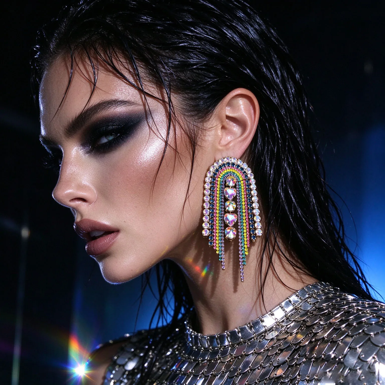 1pc Women Rainbow Rhinestone Arch Tassel Earrings Heart Crystal Statement Dangle Earrings for Pageant Evening Party Prom Costume