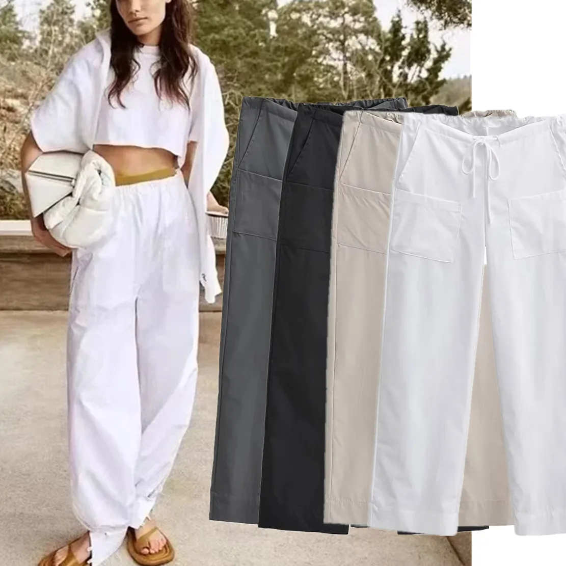 

Jenny&Dave 2024 American Vintage Multicolor Pockets Cargo Pants Drawstring Loose Trousers Women