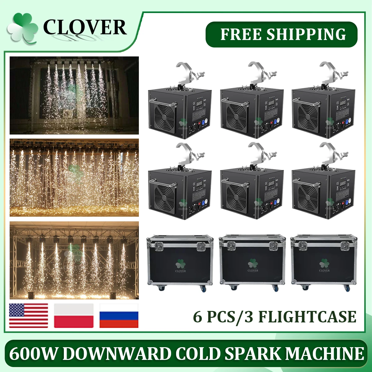 

3Flycases 6PCS Electionic 600W Cold Spark Spary Machine Upside Down Hanging Hook DMX Control Wedding Party Stage Effect Equipmen