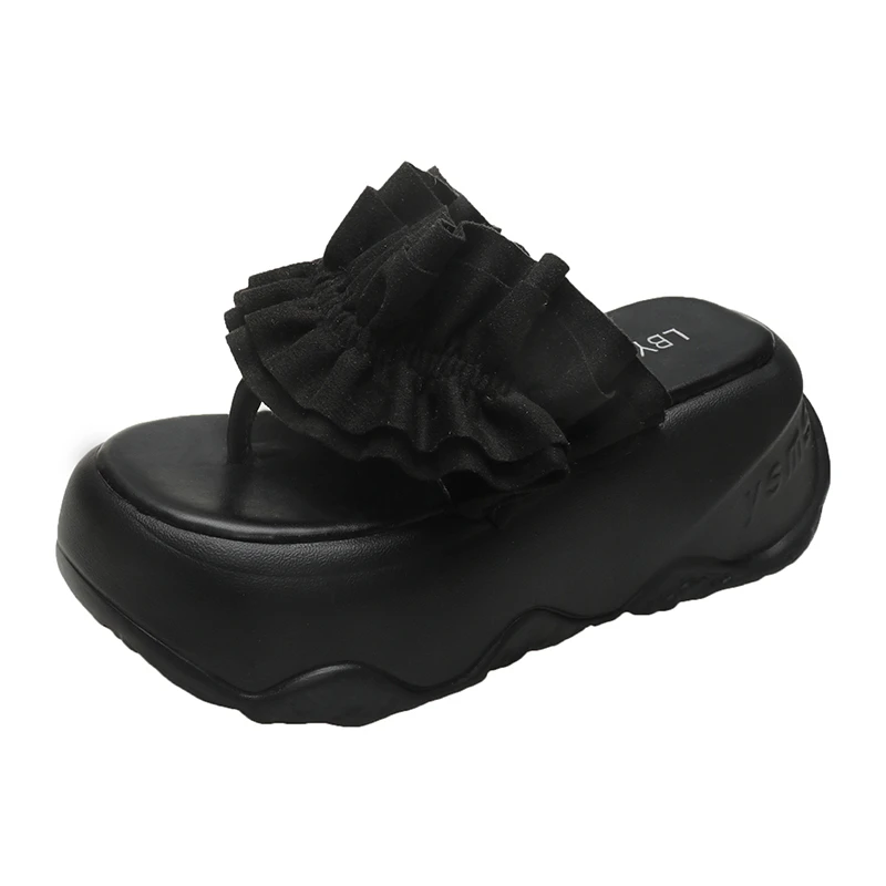

8CM Women's High Heels Slippers 2025 New Summer Outdoor Fold Flower Sandals Comfortable Rubber Bottom Chunky Beach Flip Flops