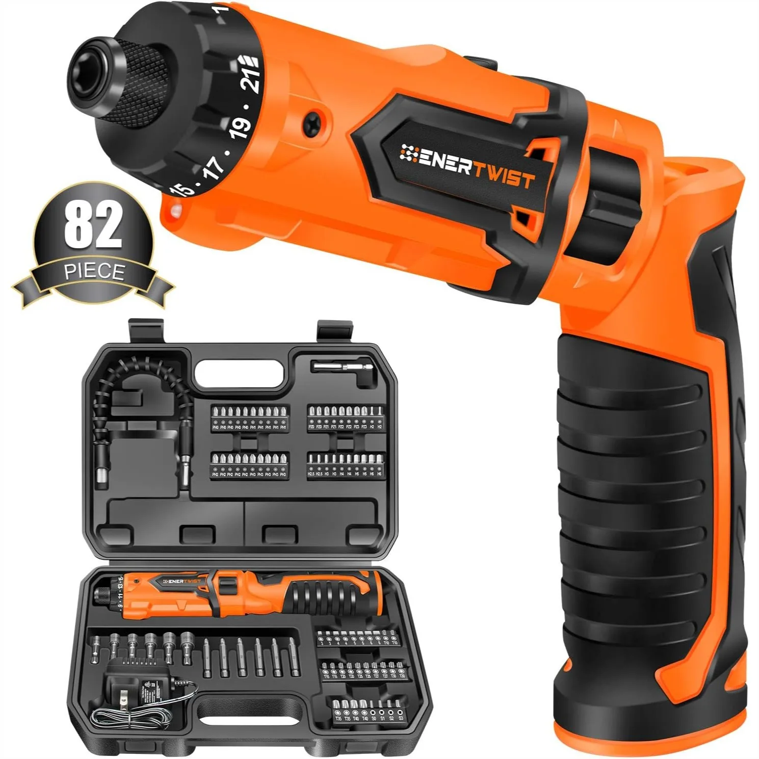 

Cordless Screwdriver 8V Max 10Nm Rechargeable Set with 82 Accessory Kit, 21+1 Clutch, Dual Position Handle, LED Light