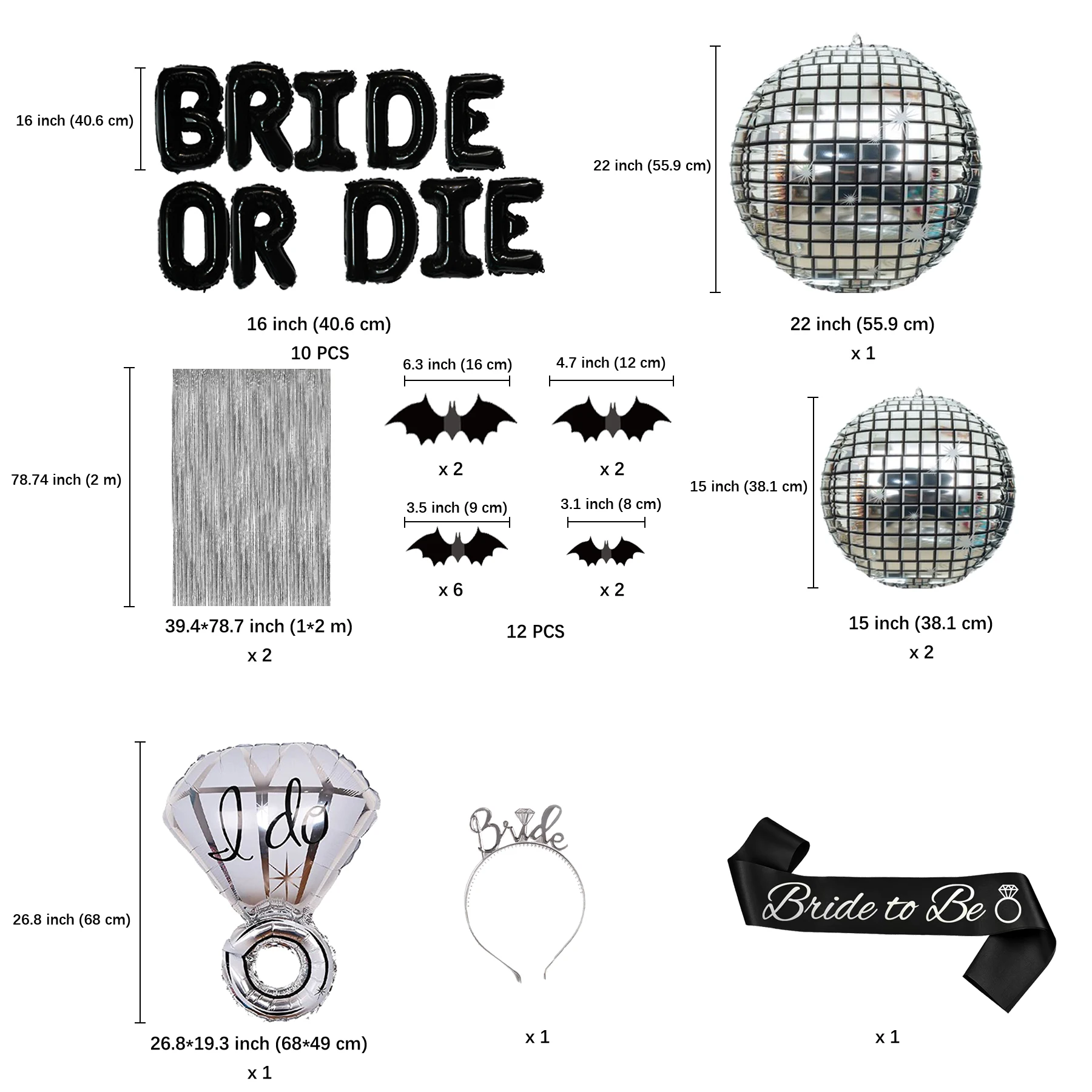 Goth Black White BRIDE OR DIE Bachelorette Bridal Shower Party Decorations, Diamond Ring Disco Balloons Garland Foil Curtains